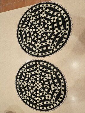 2 RARE MACKENZIE CHILDS SPIDER WEB COURTLY CHECK HALLOWEEN FALL PLACEMAT CHARGER